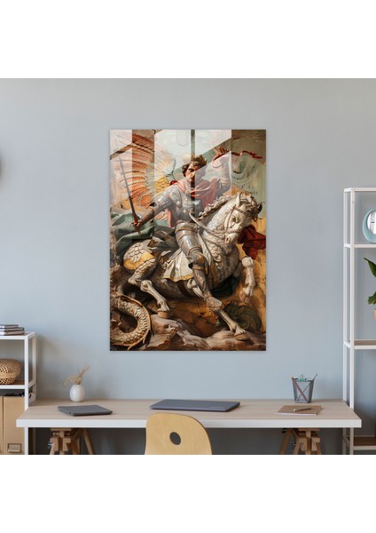 Raffaello Sanzio Cam Tablo: Aziz George ve Ejderha - Raffaello Sanzio Cam Tablo Duvar Dekorasyonu Cam Sanatı modelleri