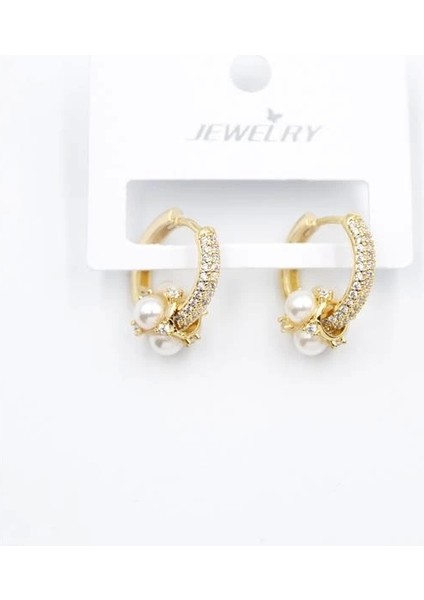 Incili Taşlı Halka Küpe - Altın