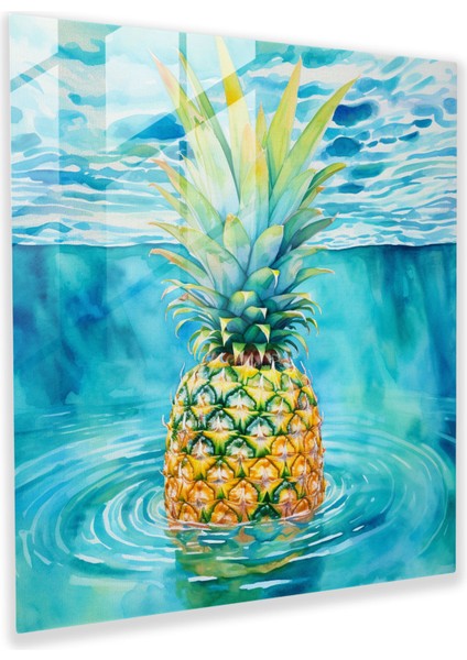Tropik Ananas Cam Tablo - Ananas Ev Dekorasyonu Suluboya Resim