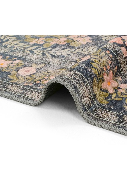 Daisy Kömür Mavi Bohem Halı Makinede Yıkanan Çiçek Desenli Dokuma Şönil Halı Otantik Vintage Halı