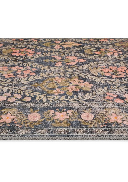 Daisy Kömür Mavi Bohem Halı Makinede Yıkanan Çiçek Desenli Dokuma Şönil Halı Otantik Vintage Halı