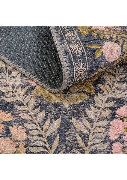 Daisy Kömür Mavi Bohem Halı Makinede Yıkanan Çiçek Desenli Dokuma Şönil Halı Otantik Vintage Halı