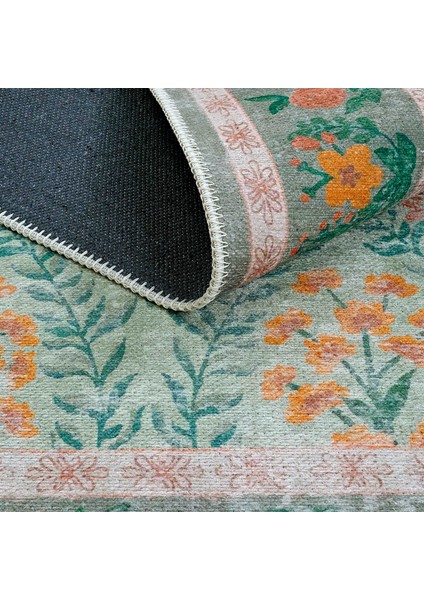 Daisy Su Yeşili Halı Makinede Yıkanabilir Çiçekli Dokuma Şönil Halı Bohem Eskitme Vintage Oda Halısı