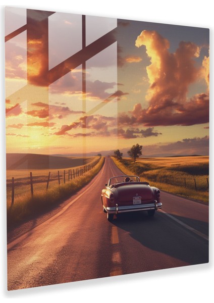 Retro Araba Macerası Cam Tablo - Günbatımı Gökyüzü Ev Dekorasyonu Gezgin Ruh