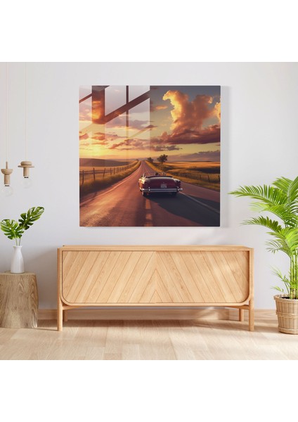 Retro Araba Macerası Cam Tablo - Günbatımı Gökyüzü Ev Dekorasyonu Gezgin Ruh fiyatları