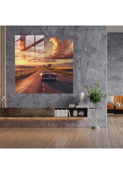 Retro Araba Macerası Cam Tablo - Günbatımı Gökyüzü Ev Dekorasyonu Gezgin Ruh modelleri