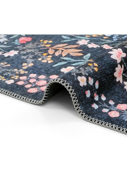 Daisy Gece Mavisi Bohem Halı Makinede Yıkanabilen Çiçekli Dokuma Şönil Halı Vintage Ev Oda Halısı