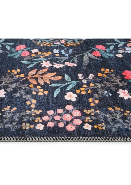 Daisy Gece Mavisi Bohem Halı Makinede Yıkanabilen Çiçekli Dokuma Şönil Halı Vintage Ev Oda Halısı