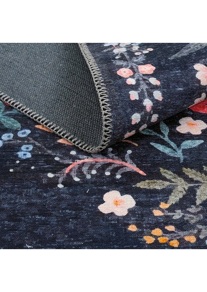 Daisy Gece Mavisi Bohem Halı Makinede Yıkanabilen Çiçekli Dokuma Şönil Halı Vintage Ev Oda Halısı