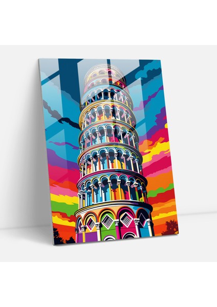 Pisa Kulesi Cam Tablo - Pop Sanat Esintili Tablo - Pisa Kulesi Duvar Dekorasyonu Çizgi Roman Tarzı