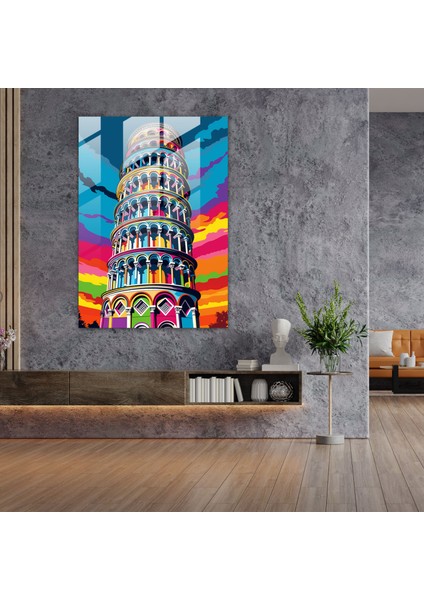 Pisa Kulesi Cam Tablo - Pop Sanat Esintili Tablo - Pisa Kulesi Duvar Dekorasyonu Çizgi Roman Tarzı modelleri