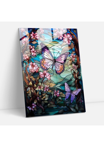 Doğa ve Kelebeklerle Süslenmiş Cam Sanat Vitray - Gerçekçi Cam Heykel Cam Tablo Doğa Manzarası Vitray Cam