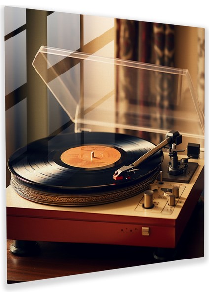 Retro Vinil Plak Çalar Cam Tablo - Duvar Dekorasyonu Modern Sanat