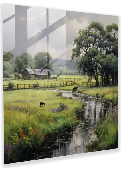 Huzurlu Kırsal Manzara Cam Tablo - Yağmur Huzurlu Kırsal Sakinlik Cam Duvar Sanatı