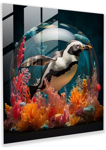 Sürreal Cam Tablo - Denizaltı Pengueni - Penguen Rüya Gibi Denizaltı Fantezi
