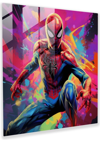 Spider-Man Cam Tablo - Örümcek Adam Süper Kahraman Cam Sanatı Renkli Arka Plan