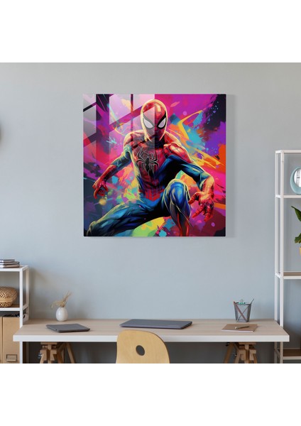Spider-Man Cam Tablo - Örümcek Adam Süper Kahraman Cam Sanatı Renkli Arka Plan fiyatları
