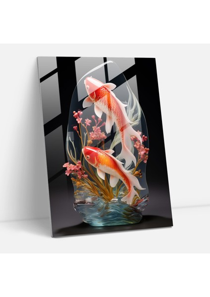Gerçekçi Cam Heykel - Huzurlu Gölet Cam Duvar Sanatı - Sükunet Dolu Koi Balığı Barış ve Uyum