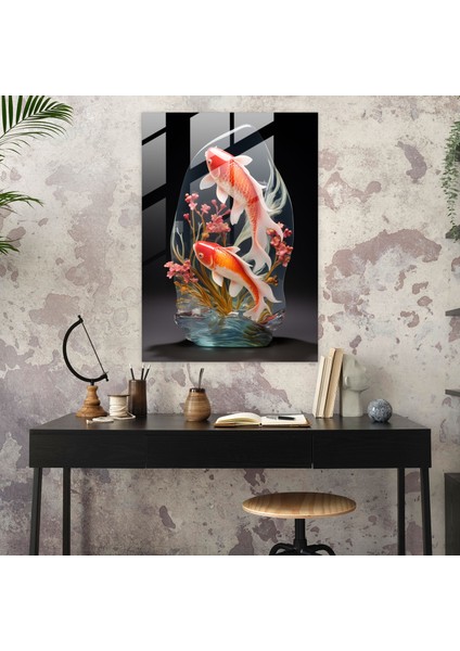 Gerçekçi Cam Heykel - Huzurlu Gölet Cam Duvar Sanatı - Sükunet Dolu Koi Balığı Barış ve Uyum modelleri