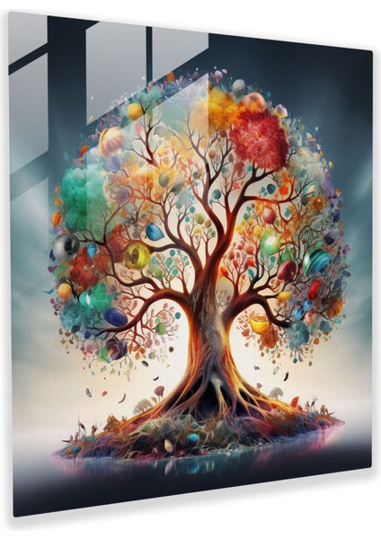 Dijital Hayat Ağacı Cam Tablo - Canlı Renkler ve Kolaj ile Cam Sanat
