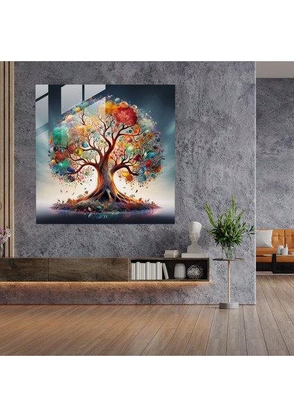 Dijital Hayat Ağacı Cam Tablo - Canlı Renkler ve Kolaj ile Cam Sanat fiyatları