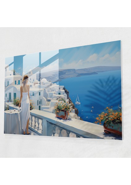 Santorini Cam Tablo Sanatı - Modern Manzara Resmi - Güneşli Güzellik Modern Yağlı Boya Resmi