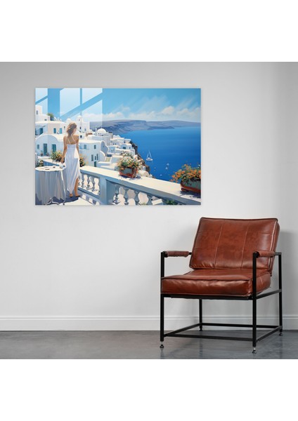 Santorini Cam Tablo Sanatı - Modern Manzara Resmi - Güneşli Güzellik Modern Yağlı Boya Resmi fiyatları