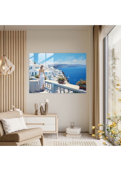 Santorini Cam Tablo Sanatı - Modern Manzara Resmi - Güneşli Güzellik Modern Yağlı Boya Resmi modelleri