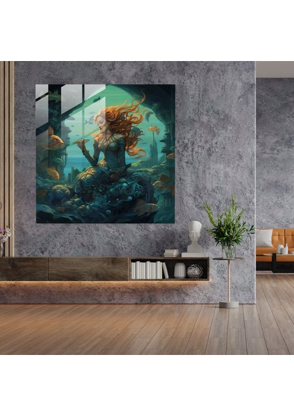 Deniz Manzaralı Cam Tablo - Masalsı Denizkızı Büyüsü - Deniz Manzarası Turkuaz Sular Cam Sanatı modelleri