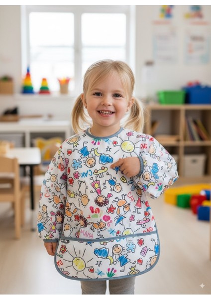 3-5 Yaş Family, Arkadan Bağcıklı, Sıvı Geçirmez, Cepli, Makinede Yıkanabilir, Uzun Kollu Bebek Çocuk Mama Önlüğü, Önlük