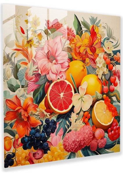 Tropikal Cam Tablo - Renkli Meyve ve Çiçek Birleşiminin Kolaj Sanatı - Tropikal Renkli Meyve ve Çiçek Birleşimi Modern Sanat Canlı Desenler