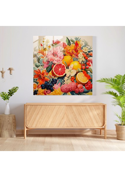 Tropikal Cam Tablo - Renkli Meyve ve Çiçek Birleşiminin Kolaj Sanatı - Tropikal Renkli Meyve ve Çiçek Birleşimi Modern Sanat Canlı Desenler fiyatları