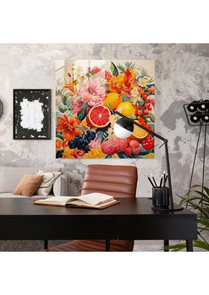 Tropikal Cam Tablo - Renkli Meyve ve Çiçek Birleşiminin Kolaj Sanatı - Tropikal Renkli Meyve ve Çiçek Birleşimi Modern Sanat Canlı Desenler modelleri