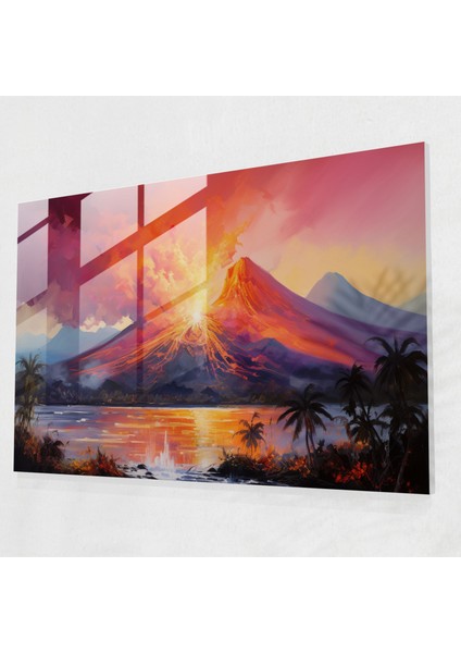 Volkan Cam Duvar Sanatı - Volkan Günbatımı Cam Tablo Cam Baskı