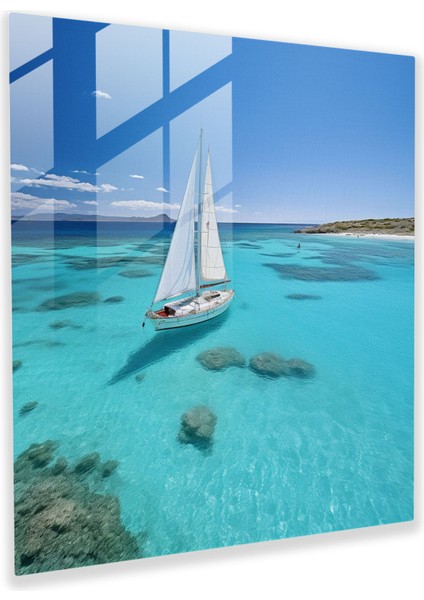 Turkuaz Serenad Cam Tablo - Yelkenli Cam Tablo Duvar Dekorasyonu Kristal Berraklığında Turkuaz Deniz