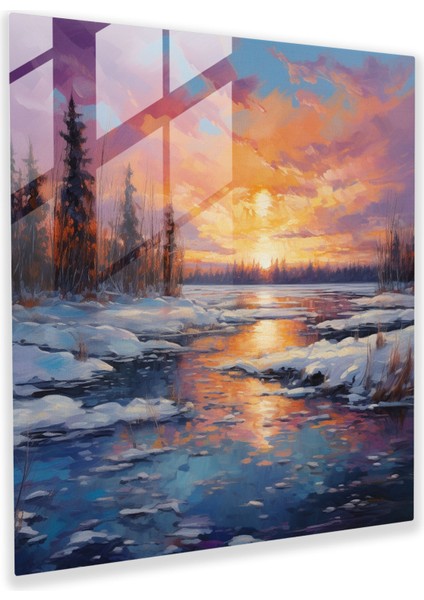 Canlı Kış Günbatımı Cam Tablo - Kış Donmuş Göl Yağlı Boya Kış Günbatımı