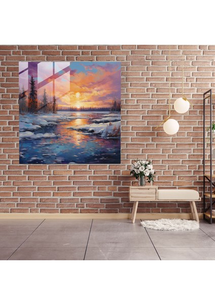 Canlı Kış Günbatımı Cam Tablo - Kış Donmuş Göl Yağlı Boya Kış Günbatımı fiyatları