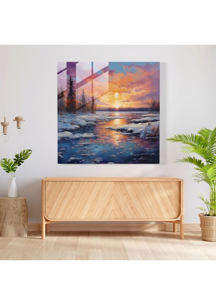 Canlı Kış Günbatımı Cam Tablo - Kış Donmuş Göl Yağlı Boya Kış Günbatımı modelleri