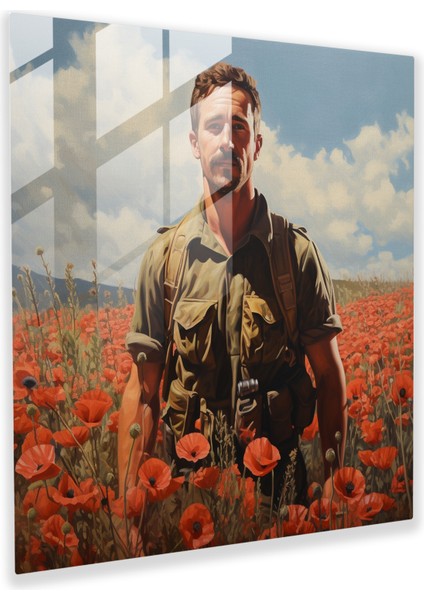 Majestik Anı - Gelincik Tarlası ile Asker Portresi Cam Tablo - Ev Dekorasyonu Için Cam Duvar Sanatı