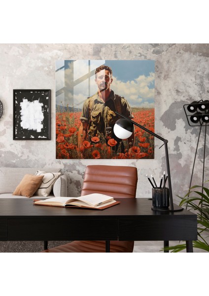 Majestik Anı - Gelincik Tarlası ile Asker Portresi Cam Tablo - Ev Dekorasyonu Için Cam Duvar Sanatı fiyatları