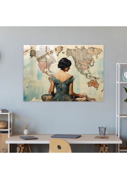 Dünya Haritası Ev Dekorasyonu - Dünya Haritası Haritalar Karışık Medya Kolaj Cam Tablo fiyatları