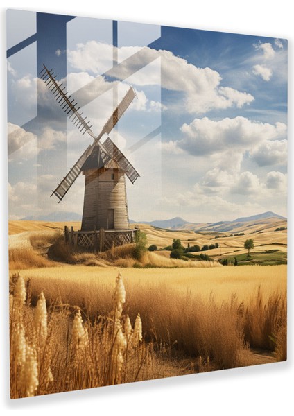 Altın Buğday Rüzgar Değirmeni Cam Tablo - Rustik Cam Duvar Sanatı Cam Sanat Rüzgarda Savrulan