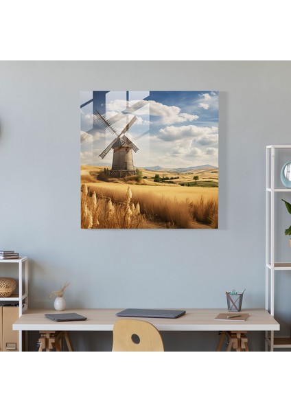 Altın Buğday Rüzgar Değirmeni Cam Tablo - Rustik Cam Duvar Sanatı Cam Sanat Rüzgarda Savrulan fiyatları
