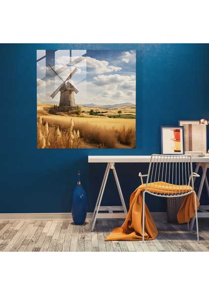 Altın Buğday Rüzgar Değirmeni Cam Tablo - Rustik Cam Duvar Sanatı Cam Sanat Rüzgarda Savrulan modelleri