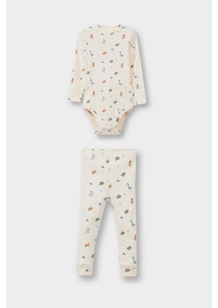 Erkek Bebek 2'li Takım Dinozor Baskılı Uzun Kollu Fitilli Kaşkorse Çıtçıtlı Body Alt