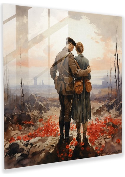 Fısıldayan Veda Cam Tablo - Askerlerin Veda Etmeleri - Romantik Suluboya Cam Duvar Sanatı