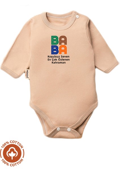 Unisex Bebek %100 Pamuklu Baba Baskılı 3-6-9-12 Ay Bebek Body Ekru Badi Zıbın