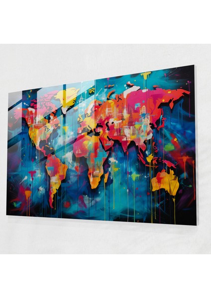 Dünya Haritası Modern Sanat - Dünya Haritası 2 Çizgi Roman Esinli Canlı Renklerde Dünya Haritası Cam Tablo