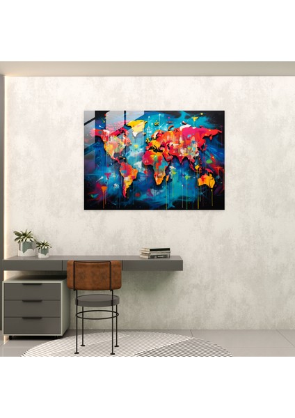 Dünya Haritası Modern Sanat - Dünya Haritası 2 Çizgi Roman Esinli Canlı Renklerde Dünya Haritası Cam Tablo fiyatları
