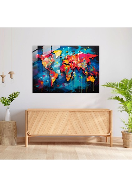 Dünya Haritası Modern Sanat - Dünya Haritası 2 Çizgi Roman Esinli Canlı Renklerde Dünya Haritası Cam Tablo modelleri